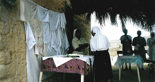 women set up a stand in the market